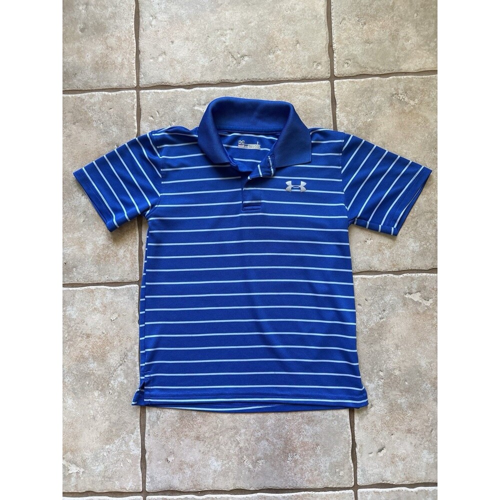 Boys Under Armour Polo Shirt Sz 7 Blue Striped Short Sleeve Collared HeatGear